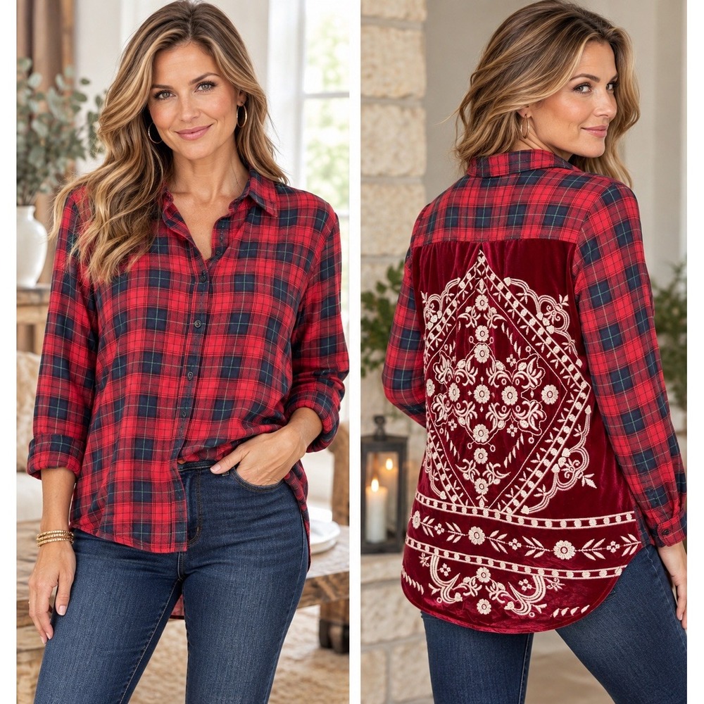 Paparazzi Button Down Shirt Women's Plaid Red Black Velvet Embroidered XL Tartan